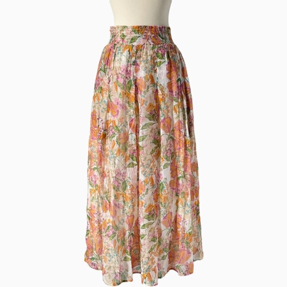 Buru Floral Maxi Skirt XS Smocked Waist Multicolor Lined Long Skirt - Picture 6 of 6